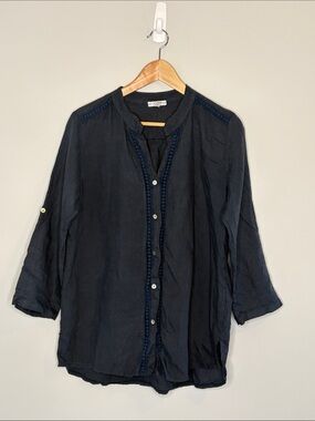 Rosemarine Lightweight Navy Button-Front Tunic with Trim Detail Linen Coastal M